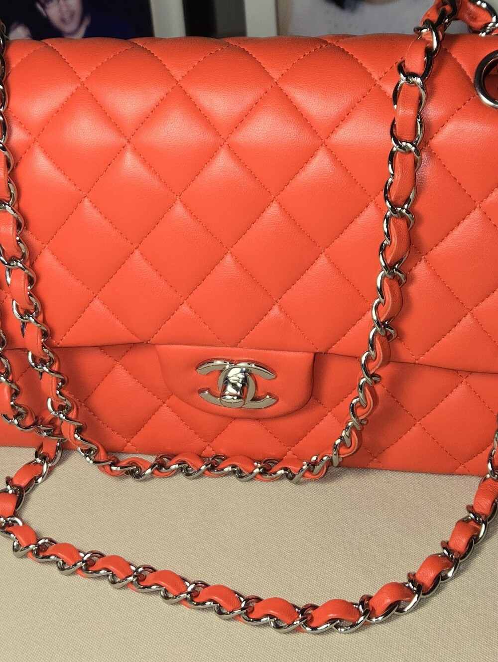 CHANEL Quilted Flap Shoulder Bag in Vibrant Orange-Red